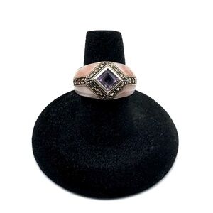 Sterling Silver Pink Mother-of-Pearl Ring with Amethyst and Marcasite Size 7 1/2